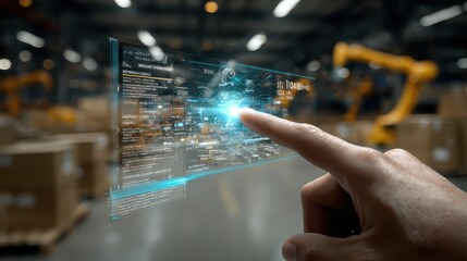 Futuristic Touchscreen Interface in Industrial Warehouse Environment