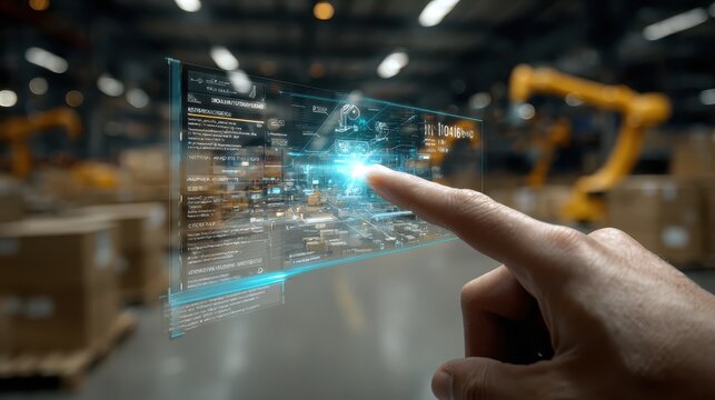 Futuristic Touchscreen Interface in Industrial Warehouse Environment - Powered by Adobe