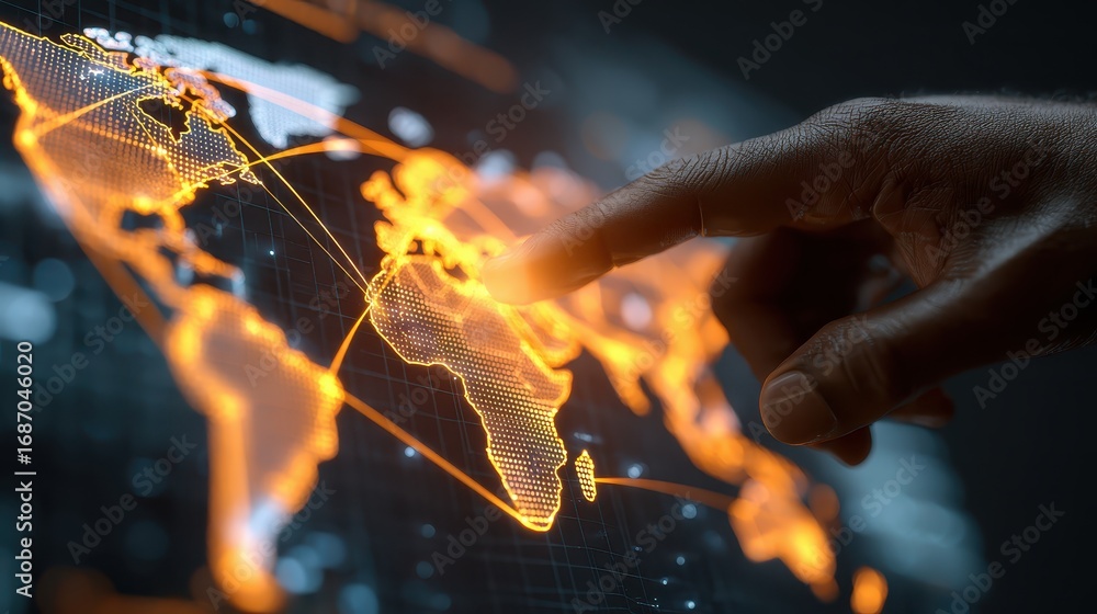 Poster hand interacting with digital world map displaying data connections