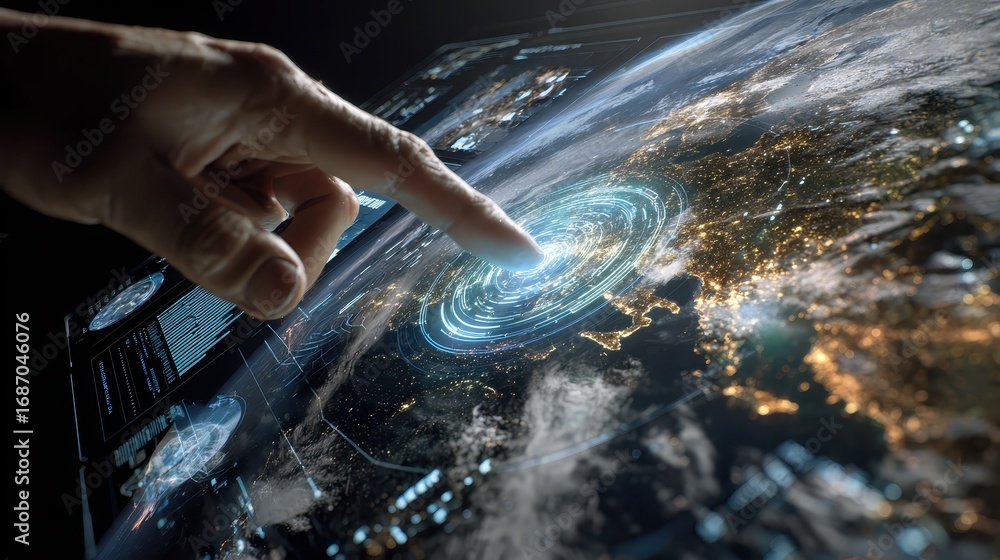 Poster hand interacting with futuristic digital world map and data visualization