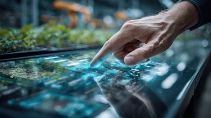 Hand Interacting with Futuristic Touchscreen in a High-Tech Greenhouse