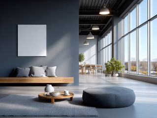 Modern minimalist living room opening into dining room with large windows and blank canvas