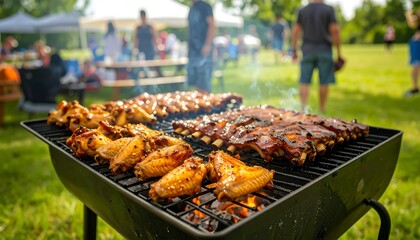 Outdoor barbecue with ribs and wings