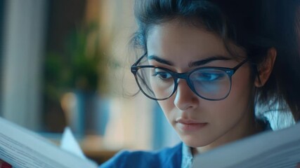 Woman in glasses deeply engaged in reading a book, focused on academic work or intellectual pursuit.