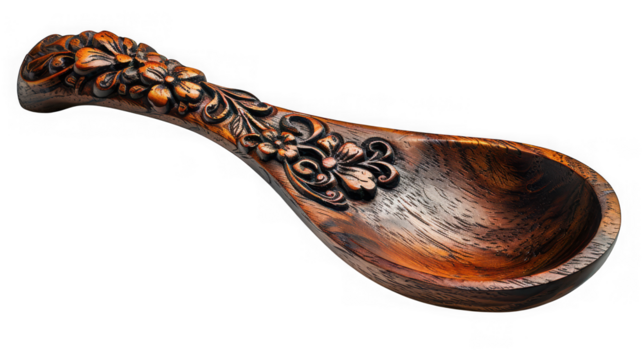 Ornate carved wooden spoon with floral design isolated on transparent background
