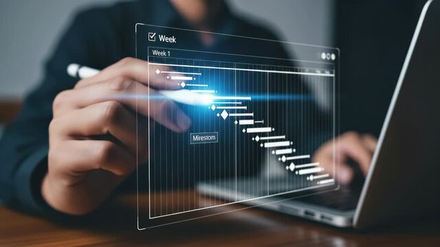 A project management timeline planning with digital technology, gantt chart, milestone, task, workflow, productivity, innovation, teamwork, strategy, organization, schedule, data, professional interf