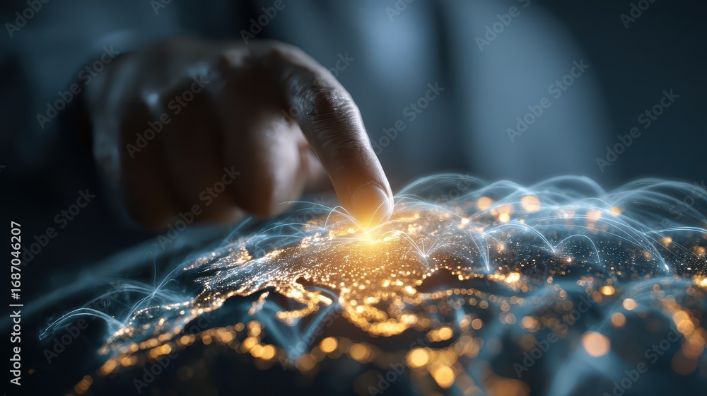 Poster hand touching digital globe with connection lines and bright lights effect