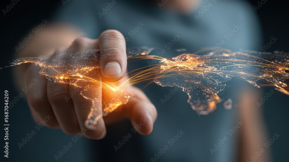 Poster hand touching digital map with glowing connections and data streams