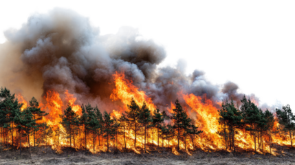 A dramatic scene of a forest fire with intense flames and thick smoke rising, showcasing the destructive power of nature against a backdrop of trees.