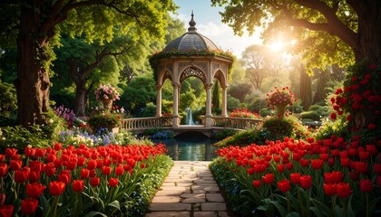 Picturesque garden gazebo with vibrant tulips