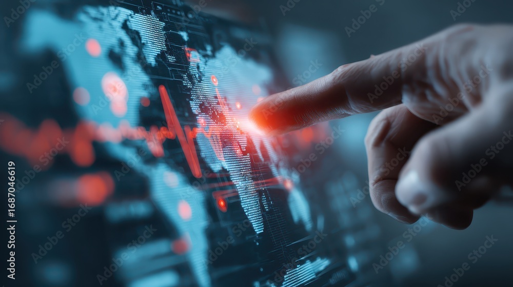 Poster interactive touch interface on world map with data visualization elements