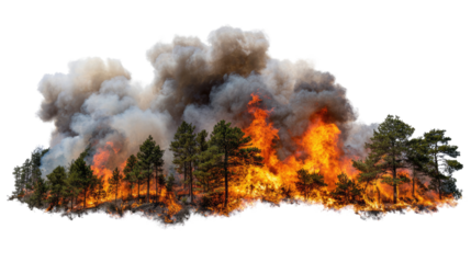 A dramatic scene depicting a forest fire engulfing trees with flames and smoke, emphasizing the destructive power of nature and the urgency of fire safety awareness.