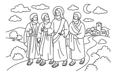 Biblical scene with jesus and disciples on road to emmaus for religious education materials