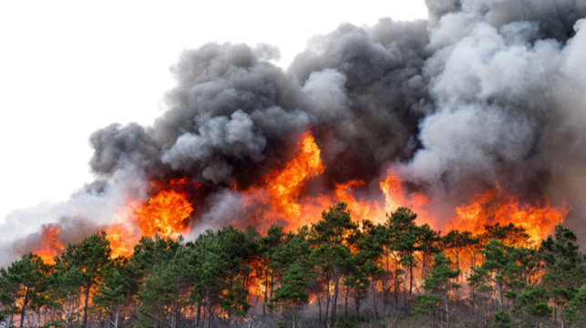 A dramatic wildfire consumes a forest, with towering flames and thick smoke rising into the sky