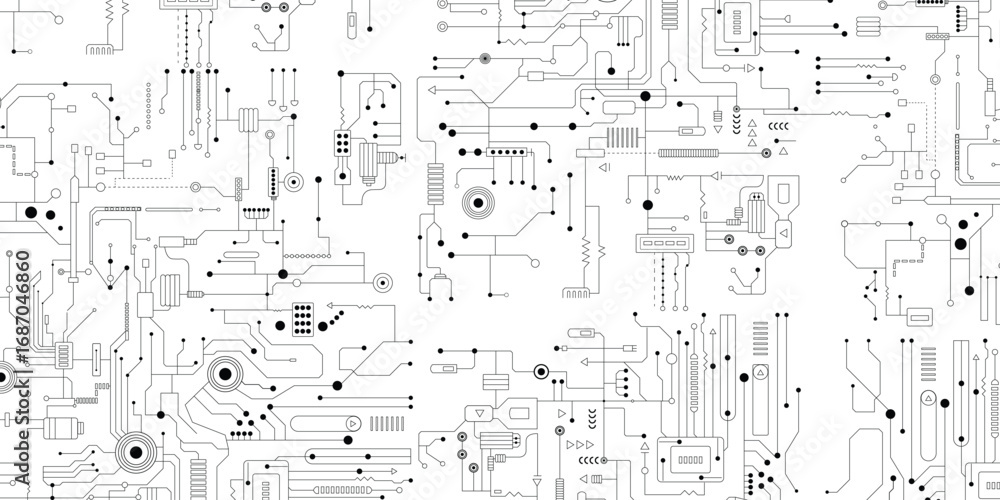 Poster futuristic printed circuit board (pcb) pattern background, white circuit lines and connection nodes 