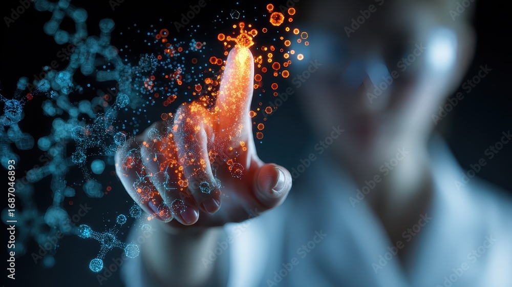 Poster scientist interacting with digital particles in a futuristic laboratory environment