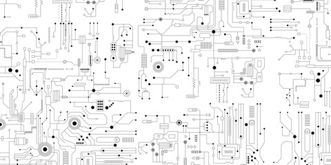 Futuristic printed circuit board (PCB) pattern background, white circuit lines and connection nodes on dark gray background, high-tech digital texture, abstract electronic motherboard design, seamless