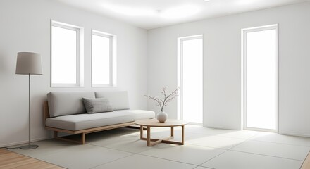 Bright, minimalist living room interior with a gray sofa, wooden coffee table, and large windows letting in natural light.