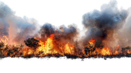 A dramatic scene depicting a wildfire with intense flames and thick smoke billowing into the air, showcasing the destruction and urgency of fire management in natural landscapes.