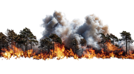 A dramatic scene depicting a forest fire, showcasing flames and heavy smoke rising from the trees, highlighting the impact of wildfires on natural landscapes.