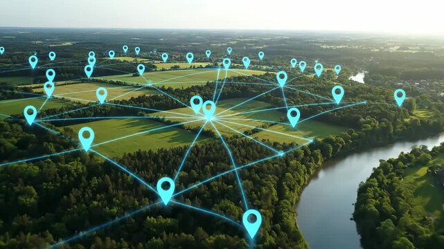 Aerial View Land Development Network - An aerial shot showcases a network of interconnected location markers overlaying a landscape of fields, forests, and a river.