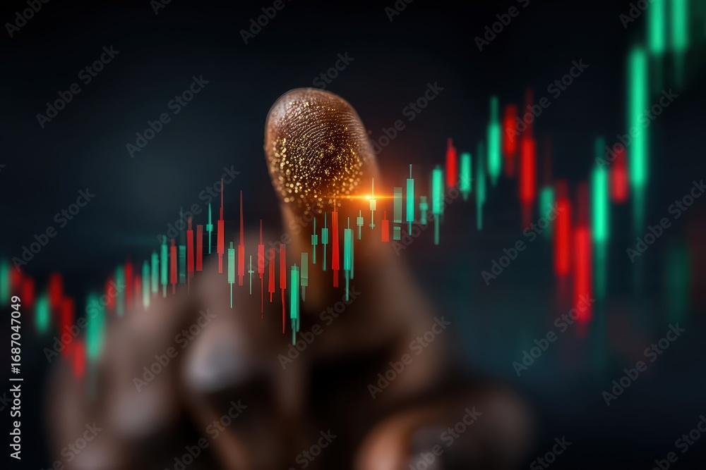Aufkleber touching data trends with fingerprint on financial chart background
