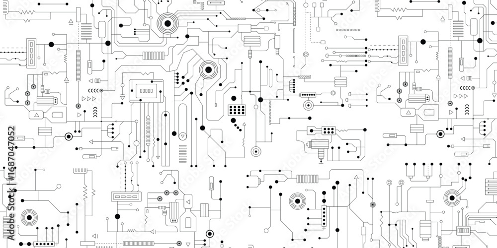 Poster vector circuit board background, abstract black lines on white background, minimal tech design, mode