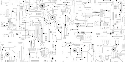 Vector circuit board background, abstract black lines on white background, minimal tech design, modern PCB pattern, electronic schematic texture, high-tech digital backdrop. 