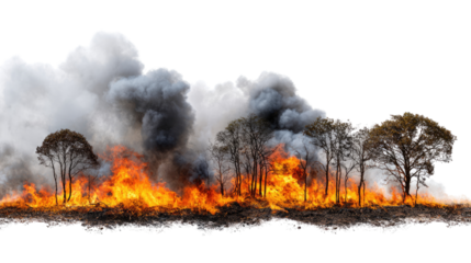 A dramatic depiction of a forest fire with blazing flames and thick smoke, showcasing the destructive power of wildfire on a clear background.