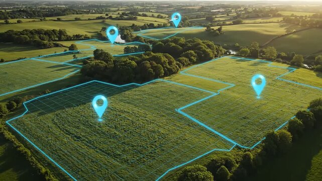 Aerial View of Land Parcels with Location Markers - An aerial shot showcases multiple land plots outlined by a digital grid and highlighted with location markers.