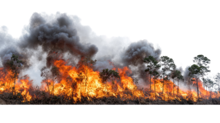 A dramatic scene of a forest fire engulfing trees with swirling smoke and intense flames, highlighting the devastating impact of wildfires on natural landscapes.