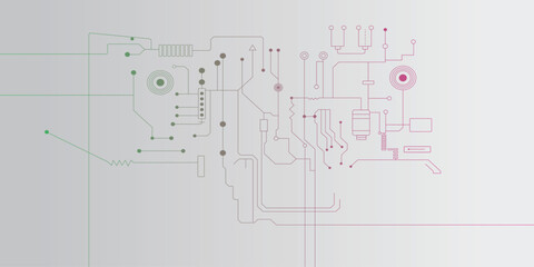 Obraz premium Abstract circuit board background, color electronic PCB lines and nodes on clean gray backdrop, minimalist high-tech design, digital network pattern, vector illustration, modern technology wallpaper,