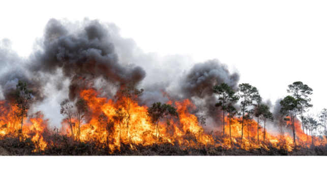 A dramatic scene of a forest fire engulfing trees with swirling smoke and intense flames, highlighting the devastating impact of wildfires on natural landscapes.