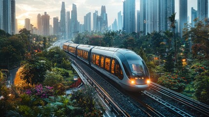 Fototapeta premium Modern Urban Development with High-Tech Train in Vibrant Cityscape