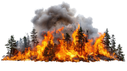 A fierce wildfire engulfing trees, creating a dramatic scene of flames and smoke. A stark reminder of the power of nature and the importance of forest preservation.