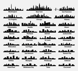 Vector set of USA city skylines in black silhouette style