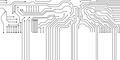 Electronic circuit board frame with white center, abstract black PCB lines and components, vector technology background, digital schematic pattern, modern tech design on white. 