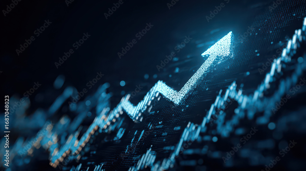 Aufkleber arrow of growth: a dynamic digital image shows a glowing arrow soaring upwards over a graphical repr