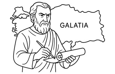 Apostle paul writing to the galatians with ancient map background for religious education