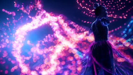 A vivid, digitally rendered digital artwork of a figure in a flowing, sequined dress, set against a backdrop of radiant, multicolored lights. The figures form is accentuated by the myriad of lights.