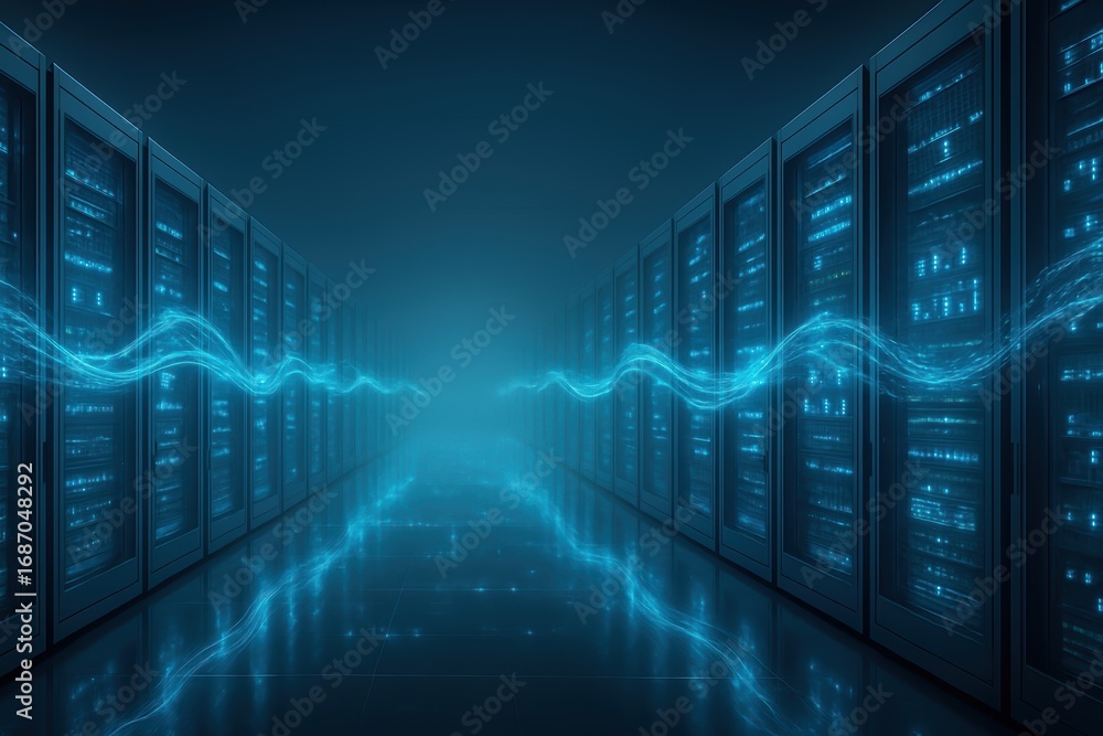 Poster digital pathways: a visual representation of data flow, showcasing a server room with glowing blue e
