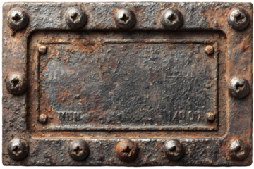 Blank rusty metal sign with rivets isolated on transarent background, showing ge and wear, perfect for ading custom text or graphis