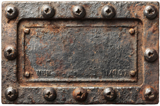 Blank rusty metal sign with rivets isolated on transarent background, showing ge and wear, perfect for ading custom text or graphis