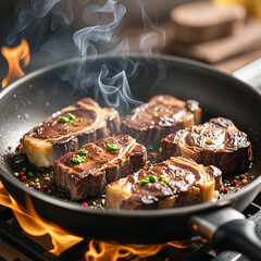 Photorealistic close-up of juicy steaks sizzling in a pan with flames, smoke, peppers, and glistening oil on a stovetop, warm lighting