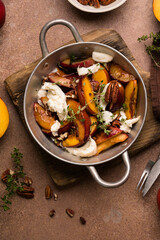 Salad with Caramelized Peaches, Burrata, Pecans, Thyme, and Honey