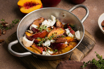 Salad with Caramelized Peaches, Burrata, Pecans, Thyme, and Honey