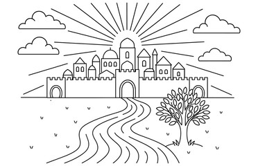 Fototapeta premium Golden city coloring page for creative relaxation