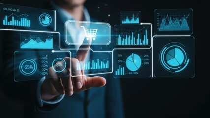 Businessman digital interface with data analysis, e commerce technology, futuristic graph and chart analytics, finance innovation, interactive virtual dashboard, online shopping cart icon - Powered by Adobe