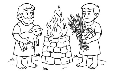 Biblical scene of cain and abel with their offerings for religious and educational design