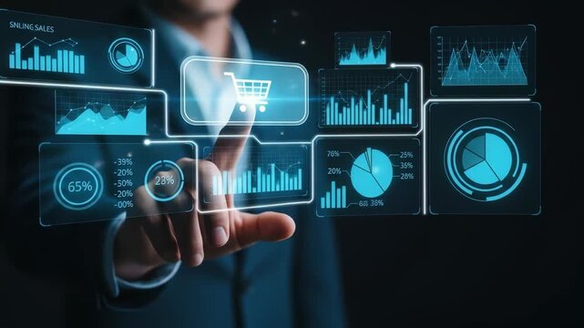 Businessman digital interface with data analysis, e commerce technology, futuristic graph and chart analytics, finance innovation, interactive virtual dashboard, online shopping cart icon - Powered by Adobe